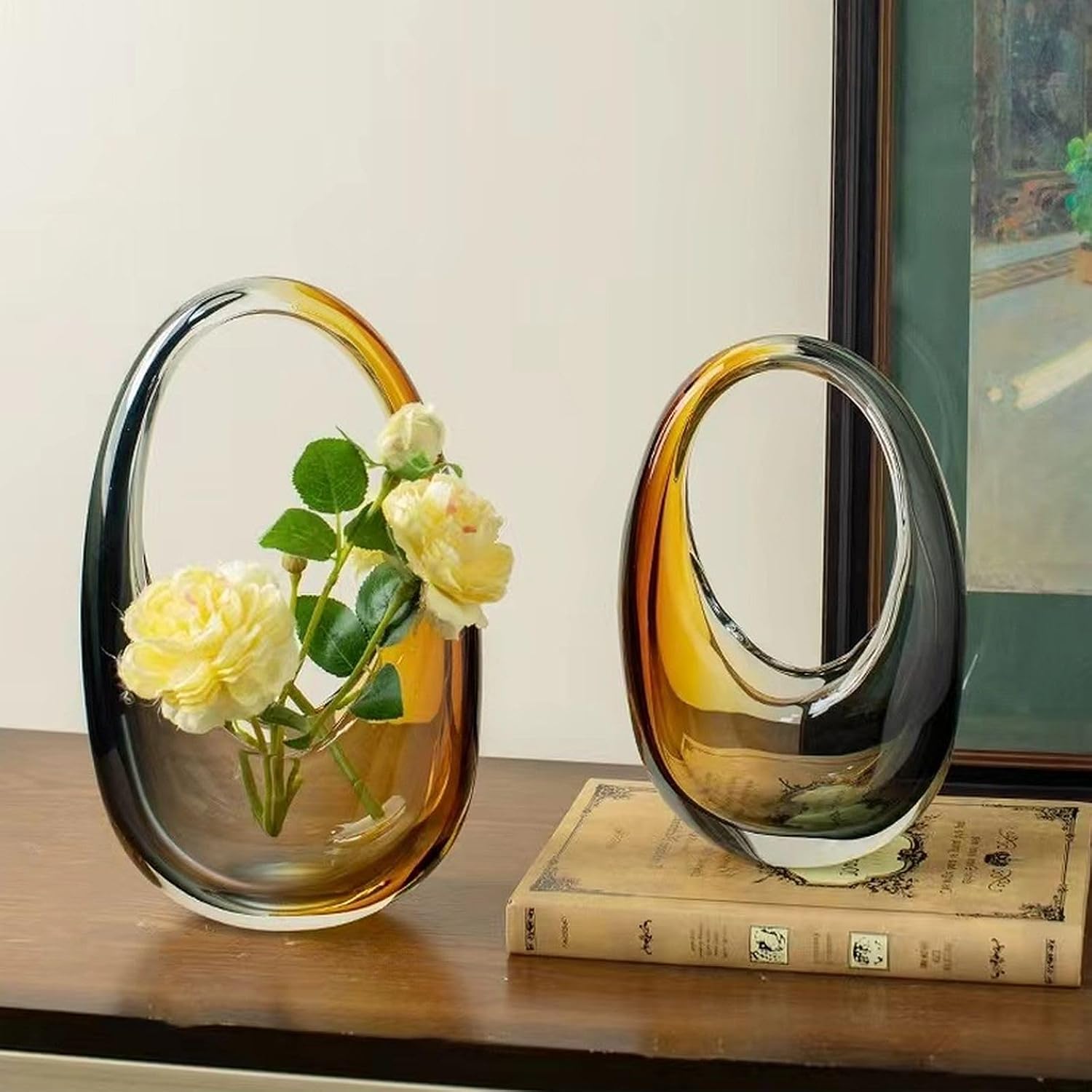 Crystal Vase, Modern Decorative Vase, Minimalist Floral Vase, Light Luxury Style for Home Decor, Centerpiece, Office, Pampas Grass, Dried Flowers, Flowers and Buds (B-Caramel)