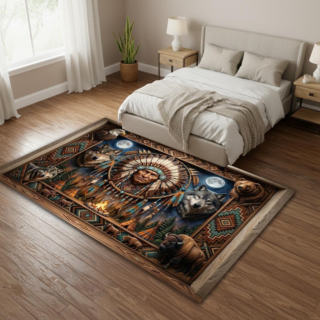 Southwestern Tribal Area Rug Wolf Eagle Bear Buffalo Western Wildlife Carpet, Rustic Lodge Cabin Decor, Non Slip Washable Low Pile Rug for Living Room Bedroom, 5'x8'