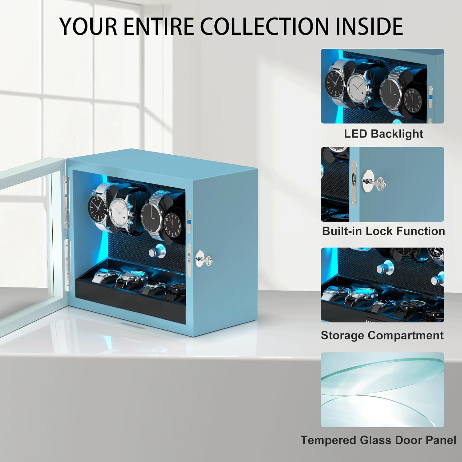 XTELARY Lockable Automatic Watch Winder - 4/6/8/12 Watch Storage, 4 Rotation Modes, Quiet Motor, Backlight