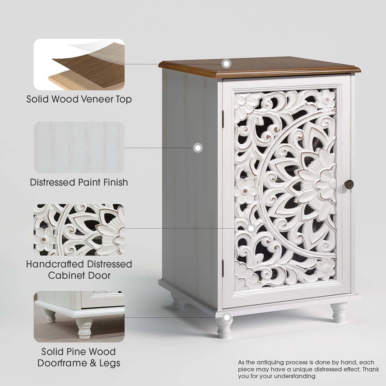 JOINICE Small Accent Cabinet with Carved Mandala Door, Boho Distressed End Table for Living Room, Bedroom, Entryway, White