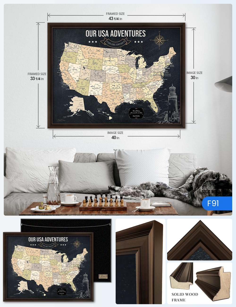 IPIC - Oversized Personalized Push Pin Travel Map USA, Custom Names, Pin Board Canvas, Navy Gold US Decor, Optional Wood Frame, Giclee Print, Handcrafted in USA, 40x30