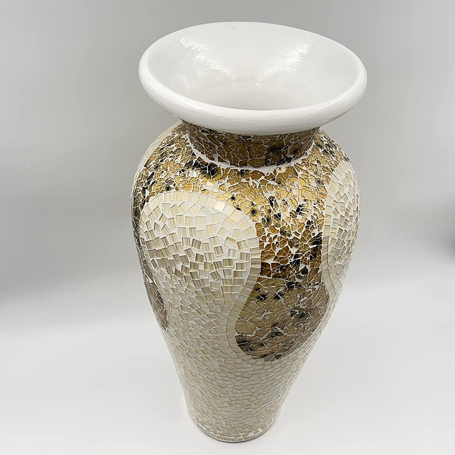 Floor Vase, 18 Inch Mosaic Vase – Tall Cylinder Made of Terracotta with Light Caramel and White Glass Mosaic Pieces – Handcrafted Decorative Home Décor Accent Piece for Bedroom, Living Room