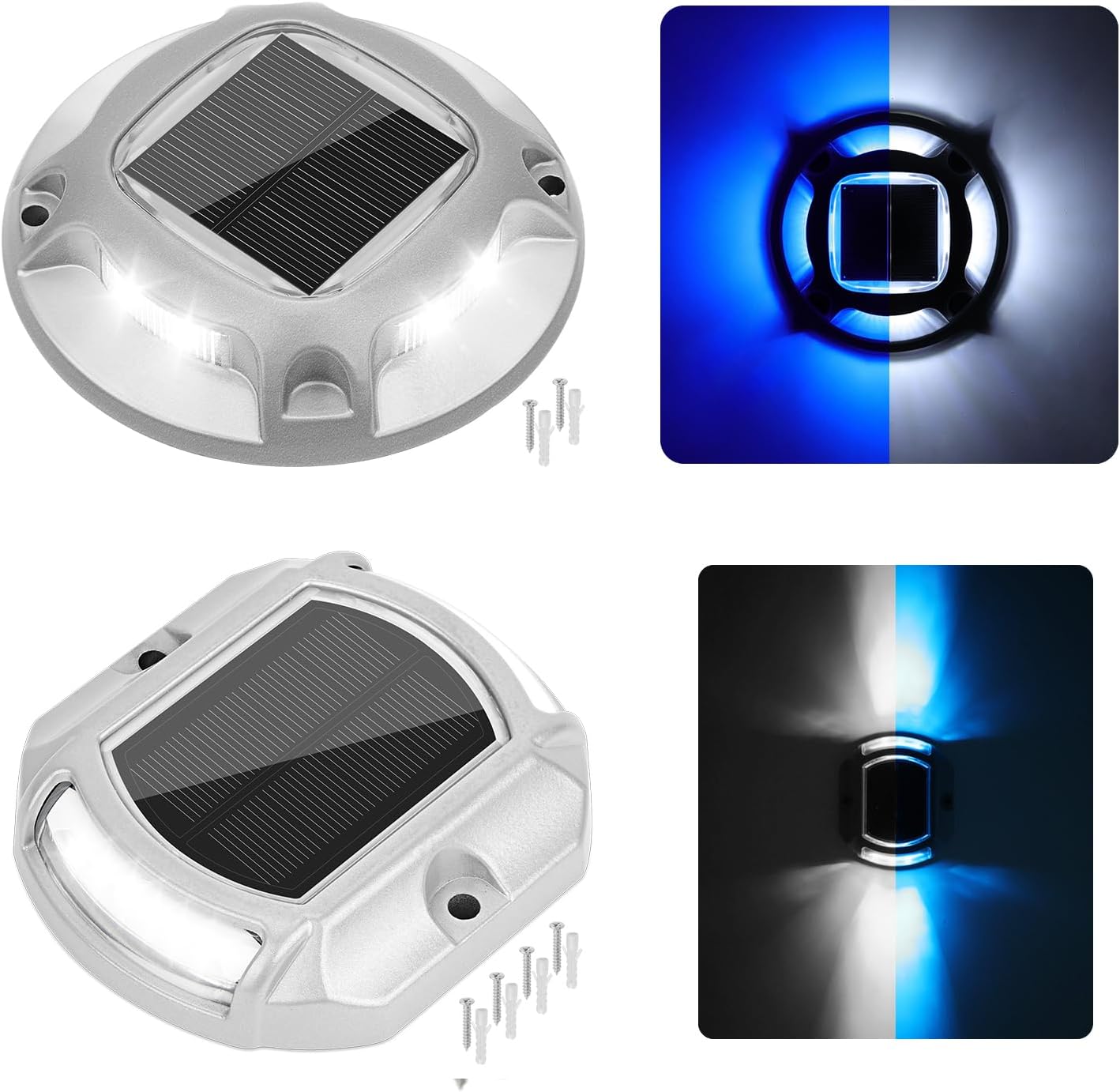 VOLISUN 24 Pack Solar Path Lights, Modern Outdoor Deck Lights, 2 Colors in 1, Waterproof, Solar Powered, Blue, Silver, Outdoor, Driveway, Dock, Stairway, Deck