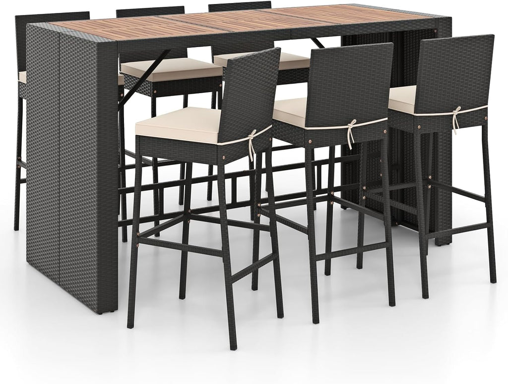 COSTWAY 7 PCS Patio Rattan Wicker Bar Set, 30'' Bar Height Chairs with Back, Footrest and Cushion, Outdoor Table with Wooden Top for Backyard Garden Deck