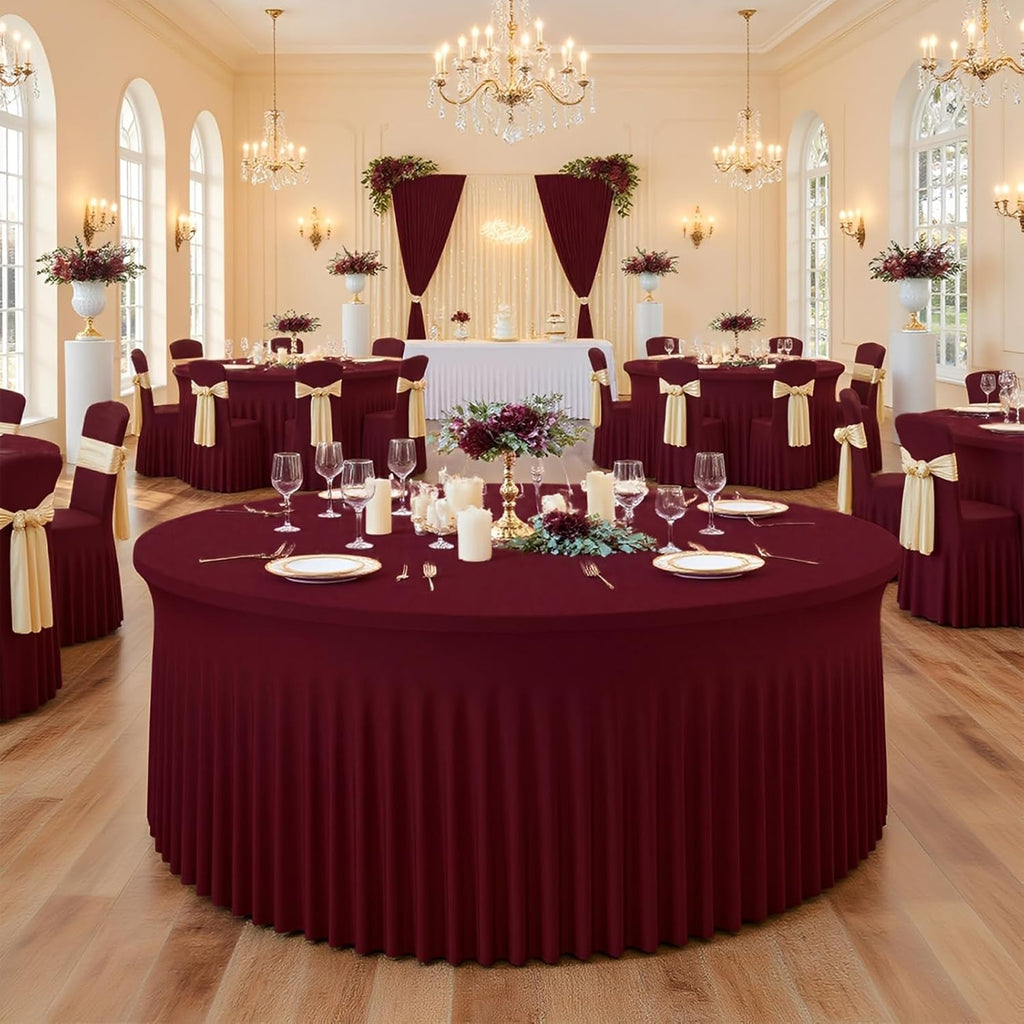 12 Pack Burgundy Round Tablecloth with Skirt, 60 Inch Elastic Fitted Table Cover for 5FT Tables, Wrinkle-Resistant & Washable Snug Fit for Christmas, Thanksgiving, Holiday Dinners & Parties
