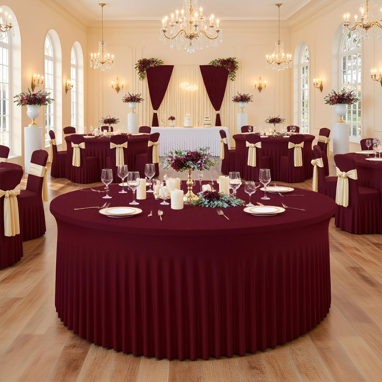 12 Pack Burgundy Round Tablecloth with Skirt, 60 Inch Elastic Fitted Table Cover for 5FT Tables, Wrinkle-Resistant & Washable Snug Fit for Christmas, Thanksgiving, Holiday Dinners & Parties