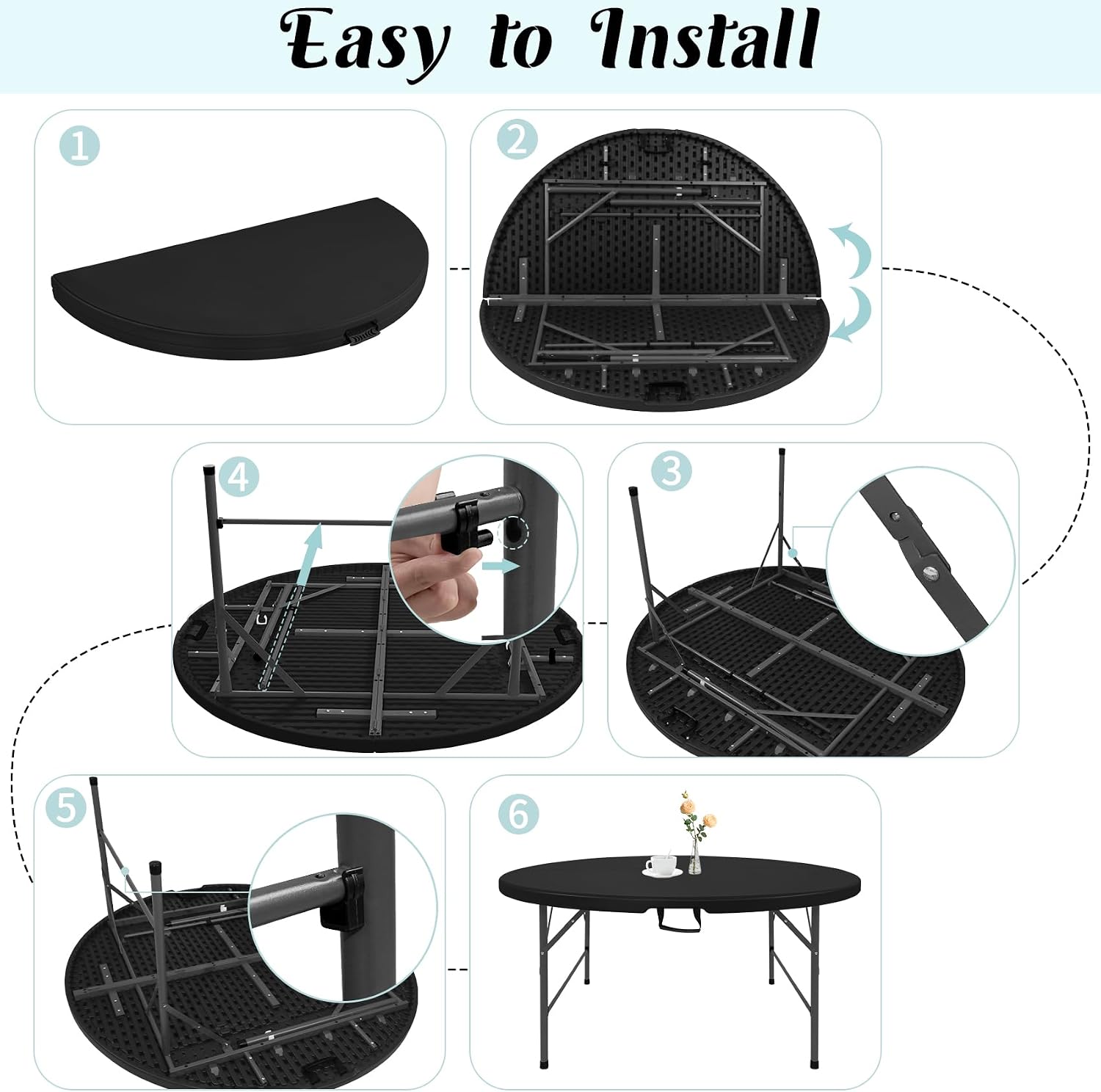 Fivenl 5 FT Round Folding Tables Black Foldable Table, Fold-in-Half with Carrying Handle Portable Plastic Table for Party, Dining, Wedding, Camping, Picnic, Indoor Outdoor Events (Black)