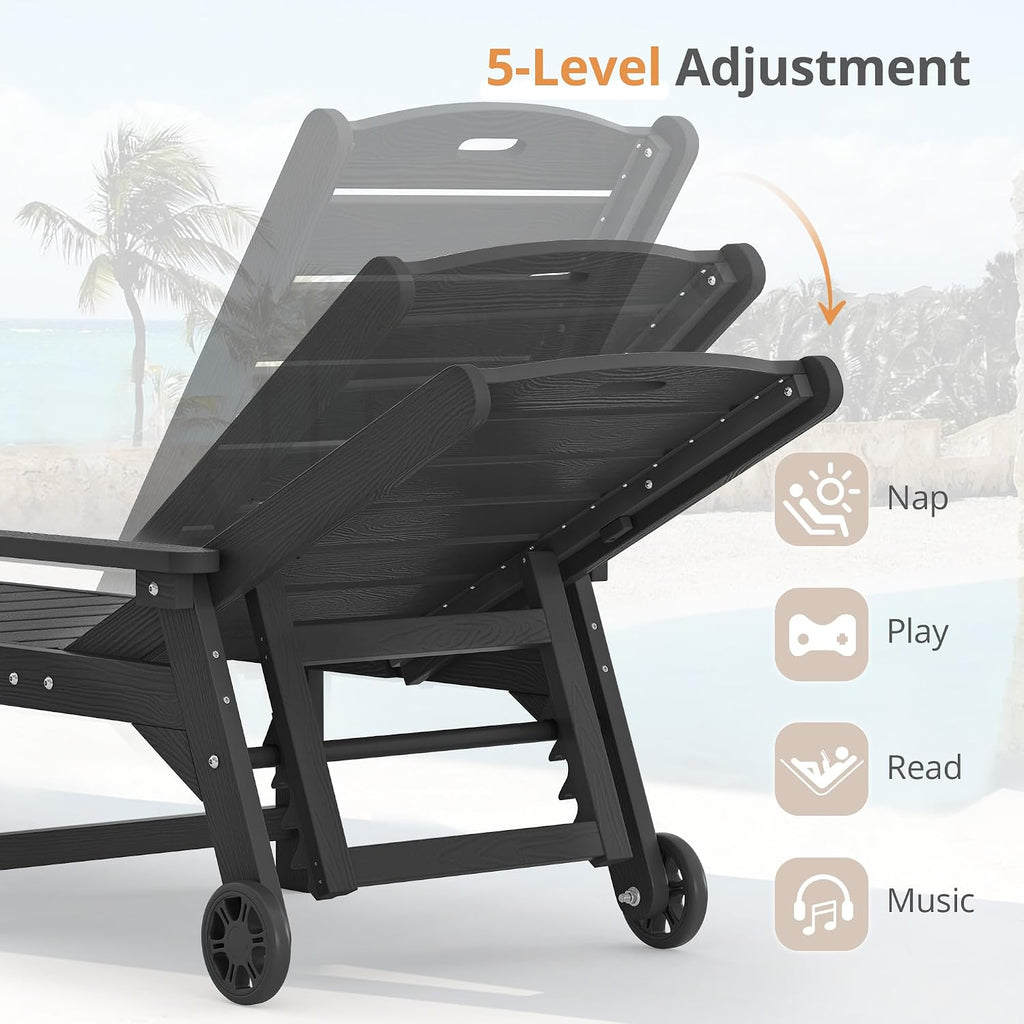 LUE BONA Chaise Lounge Chair with Table, 3-Piece, HDPS Chaise Lounger, 5 Positions Adjustable Lounge Chairs, Pool Lounge Chair with Wheels for Poolside, Backyard, Black