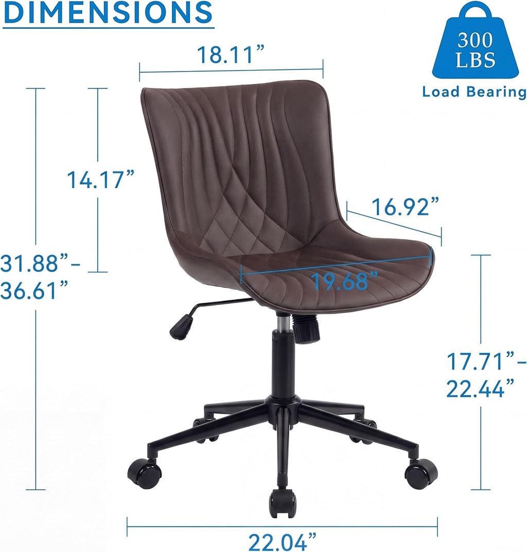 YOUNIKE Office Chair Brown, Armless Desk Chair with Wheels, Home Office Task Chairs, Modern Faux Leather Upholstered Adjustable Swivel Rocking Chair with Back