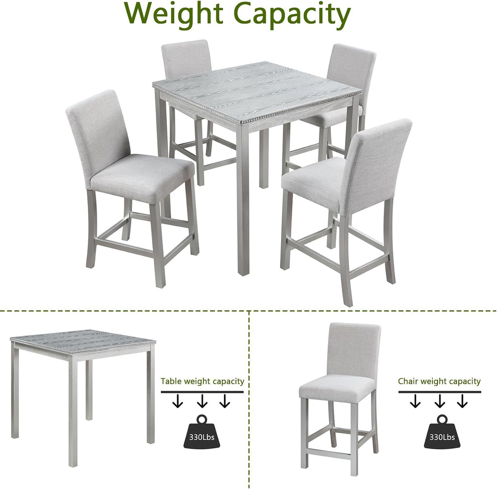 LUMISOL Dining Table Set for 4, 5-Piece Solid Wood Counter Height Kitchen Table Set with 4 Upholstered Chairs for Kitchen, Dining Room, Home Bar, Silver Gray