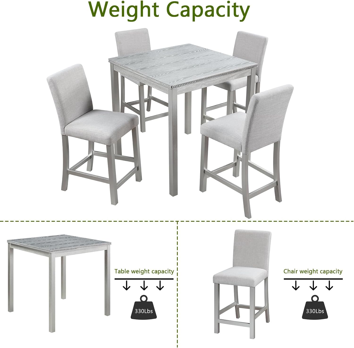 LUMISOL Dining Table Set for 4, 5-Piece Solid Wood Counter Height Kitchen Table Set with 4 Upholstered Chairs for Kitchen, Dining Room, Home Bar, Silver Gray