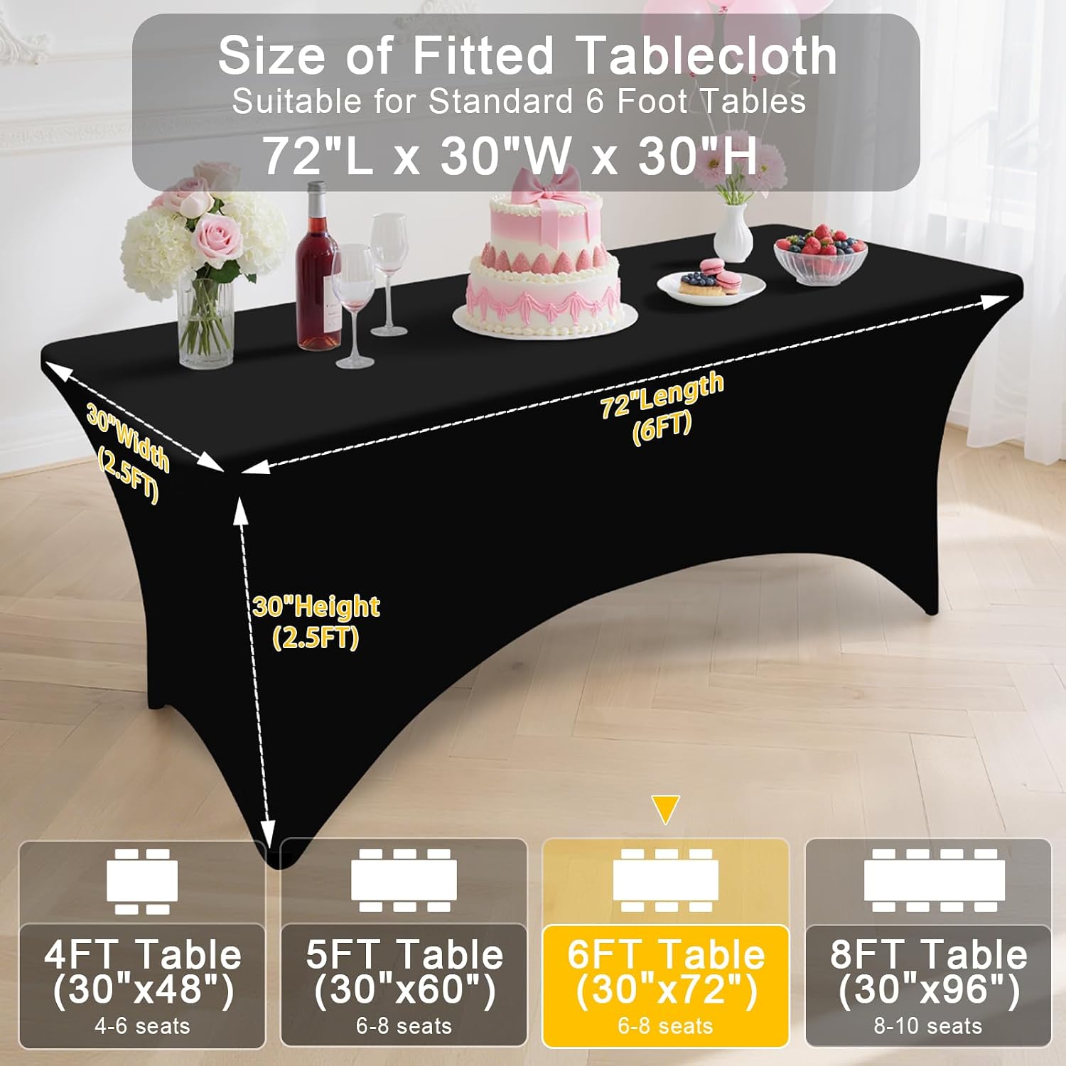 Smiry 12 Pack Spandex Table Cloth 6FT, Elastic Fitted Stretch Tablecloths for Rectangle Tables, Washable Table Cover for Outdoor, Wedding, Banquet & Parties (Black, 72Lx30Wx30H Inch)