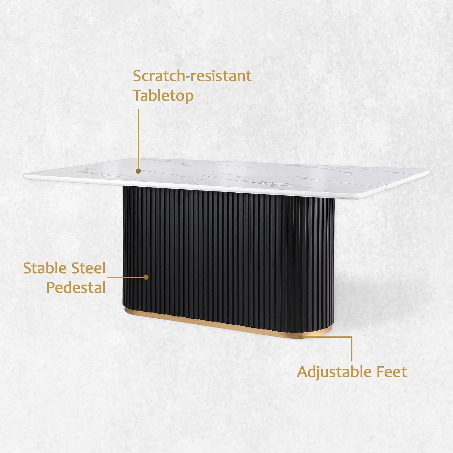 Morden Fort Marble Dining Table for 6, 70' Modern Dining Table with Black Fluted Base and White Faux Marble Top, Kitchen Table with Gold Trim for Ktichen, Reception and Conference
