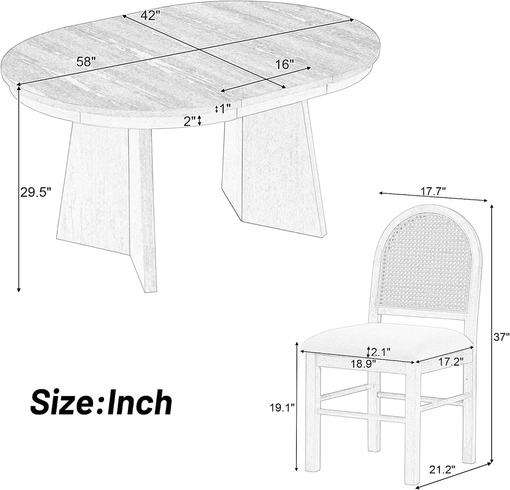 Merax Extendable Round Dining Table Set for 4, Wooden Construction with Upholstered Chairs with Rattan Backrests, Retro Style for Kitchen, Indoor Use, Natural