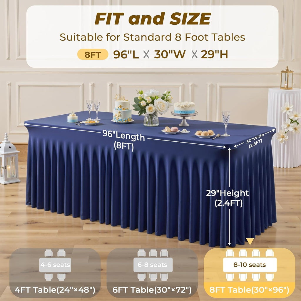 6 Pack Navy Blue Spandex Fitted Tablecloth 8 Foot - Stretch Table Clothes for 8 FT Rectangle Table, Washable Ruffles Elastic for Weddings, Buffet, Banquet, Trade Craft Show, Party Celebration