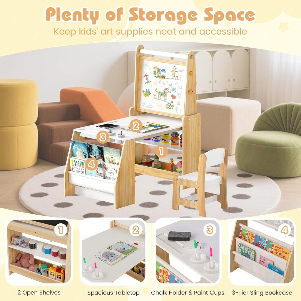 HONEY JOY Kids Art Table and Chair Set, Wooden Arts and Crafts Activity Set w/Adjustable Magnetic Whiteboard & Chalkboard, Paper Roll, Bookshelves & Storage Shelves, Toddler Table(Natural)