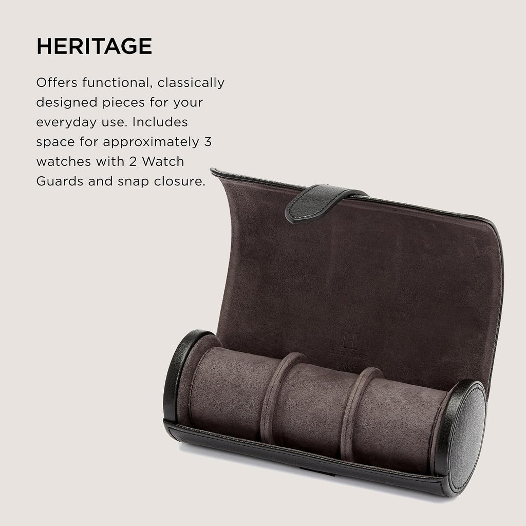 WOLF Heritage Watch Roll, Blake Black/Grey - Holds Up to Three Watches - Vegan Leather, Ultra-Suede Lining, Snap Closure - Includes Two Watch Guards