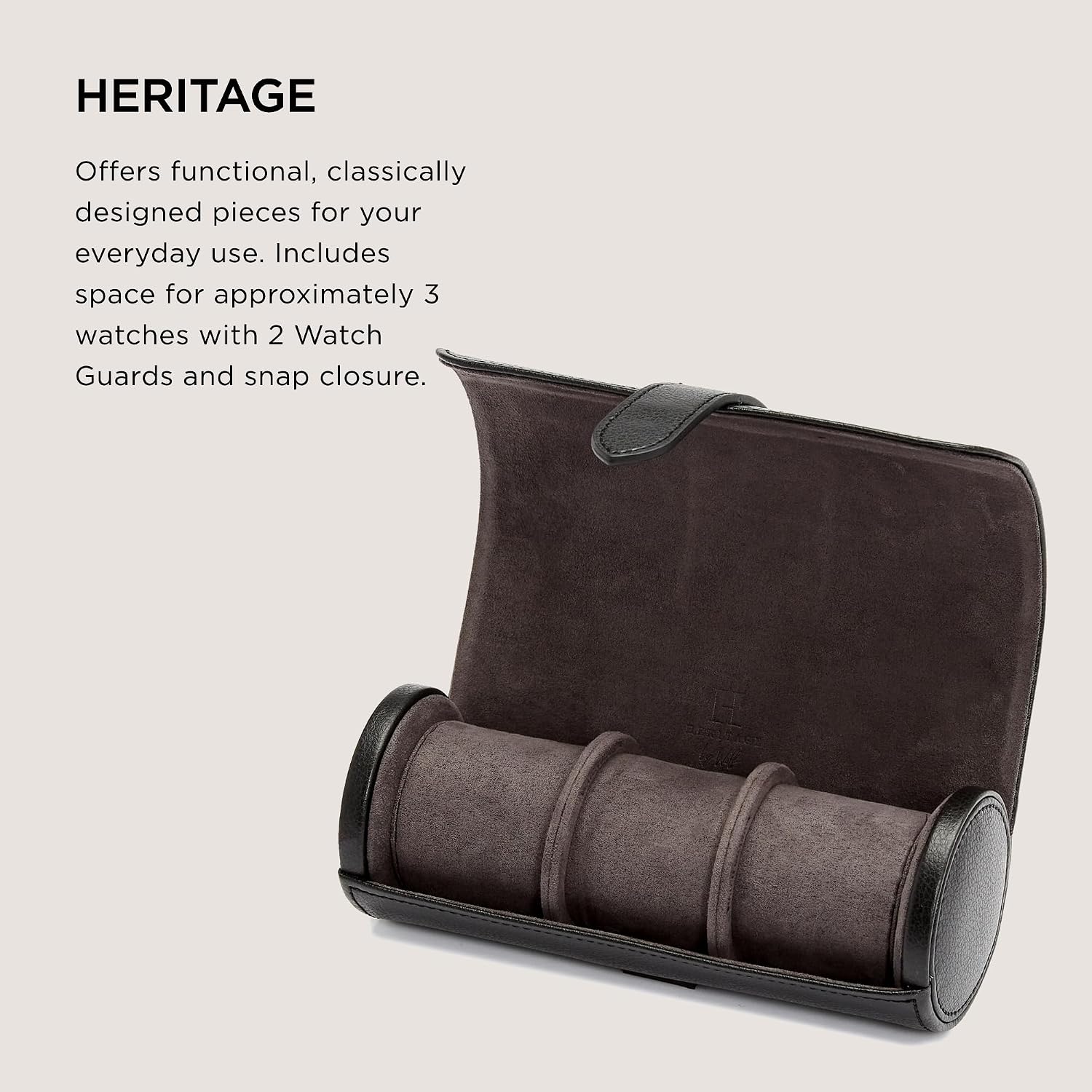 WOLF Heritage Watch Roll, Blake Black/Grey - Holds Up to Three Watches - Vegan Leather, Ultra-Suede Lining, Snap Closure - Includes Two Watch Guards