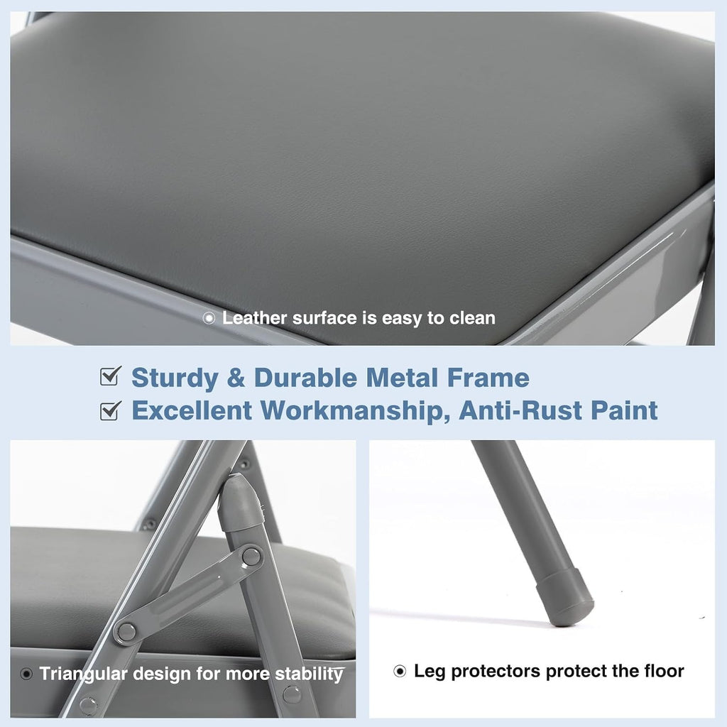 DUMOS 8 Pack Folding Chairs with Padded Cushion and Back - PU Leather Stackable Portable Dining Chairs Set, for Home and Office, Conference, Wedding, Party, Patio, Garden, for Indoor Outdoor, Grey