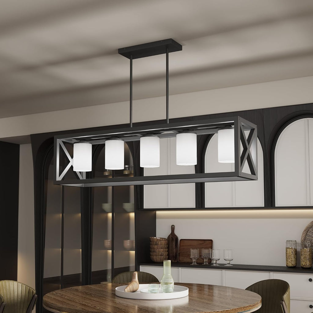 Black White Dining Room Light Fixture - 5 Light Rectangle Light Fixtures with Milk White Glass Shade & Adjustable Height & Thickened Metal Dining Table Lights Fixture Chandeliers for DiningRoom