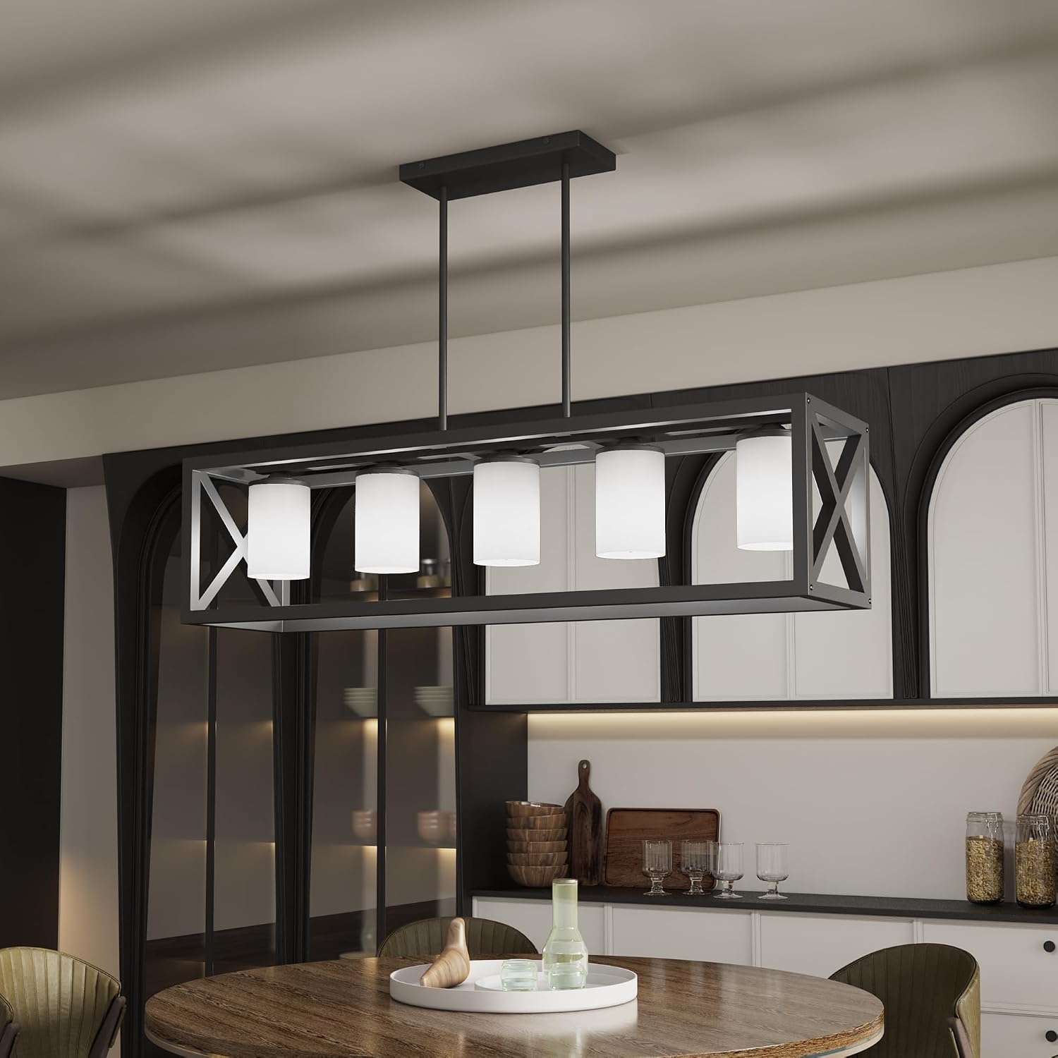 Black White Dining Room Light Fixture - 5 Light Rectangle Light Fixtures with Milk White Glass Shade & Adjustable Height & Thickened Metal Dining Table Lights Fixture Chandeliers for DiningRoom