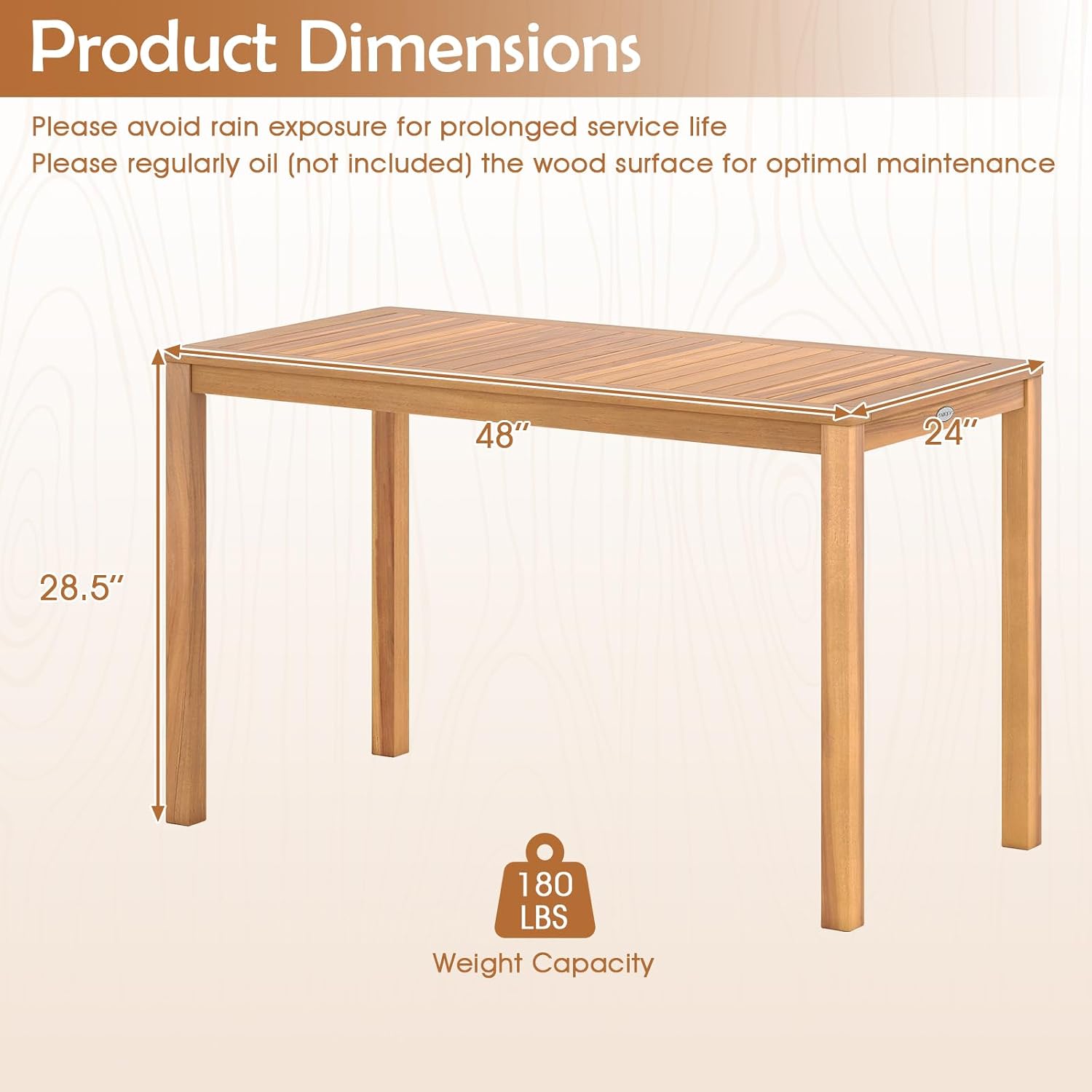 Tangkula Outdoor Acacia Wood Dining Table for 4-6, Rectangular Patio Table with Slatted Tabletop, Outside Dinner Table for Garden, Balcony, Deck and Backyard