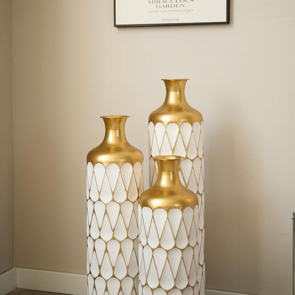 Decorative Floor Vases Set of 3, White and Gold Floral Pattern, Tall Ceramic Standing Vases for Home Decor (Gold+White Balloon)