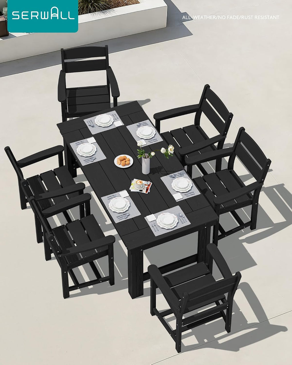 SERWALL Outdoor Dining Table Set, 67'' HDPE Patio Dining Set for 4, All-Weather Outdoor Table and Chairs Set for Deck, Black
