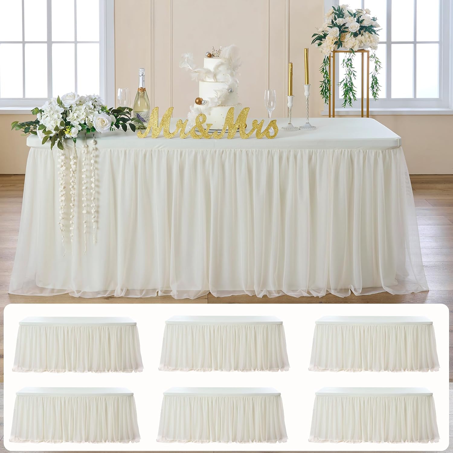 leegleri 6 pk 6ft Ivory Tulle Tablecloth for Rectangle Tables, 2-in-1 Cream Table Covers with Tulle Skirt,Wrinkle Free Stretchy Ruffle Tulle Table Cloths Fitted for Wedding Party Banquet Vendor