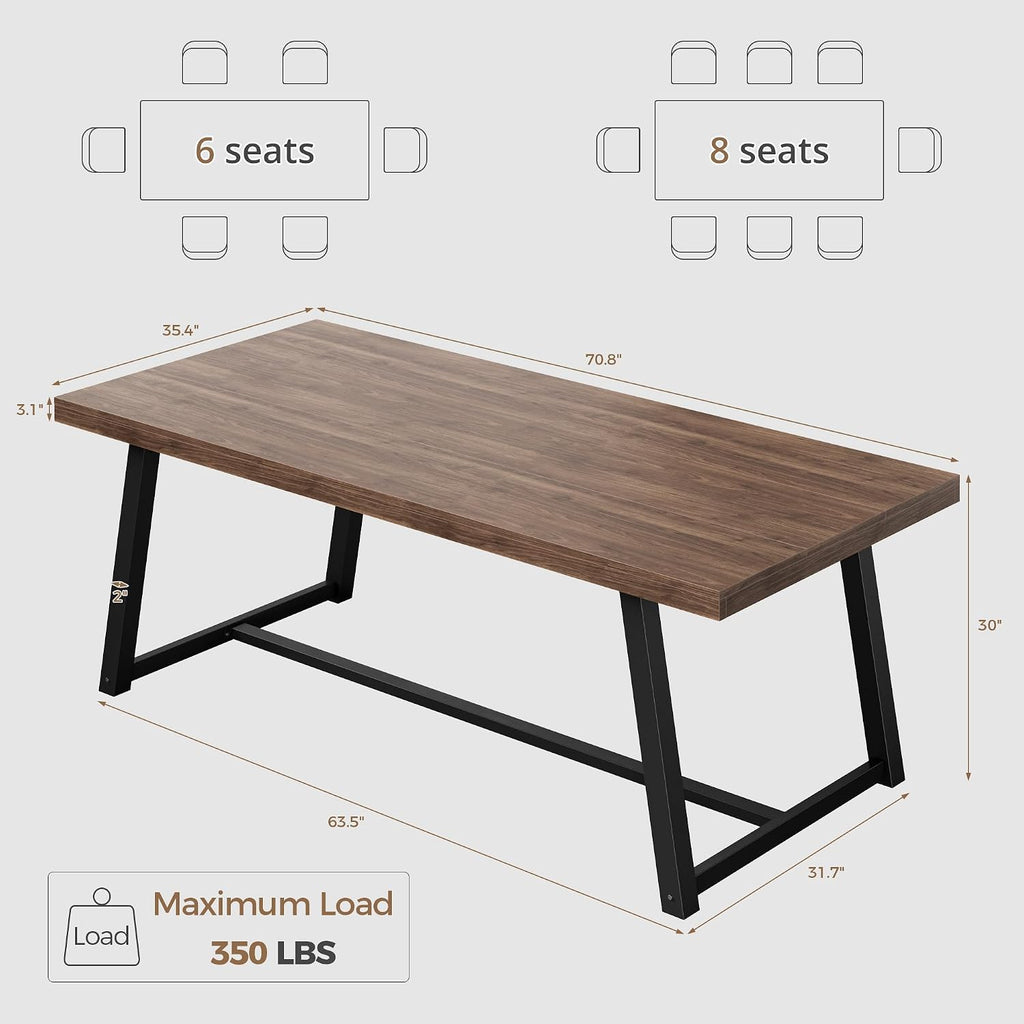 IRONCK 71' Dining Table for 6-8 People, Industrial Kitchen Table with Sturdy Metal Frame, Rectangular Brown Wood Dinner Table for Dining Room