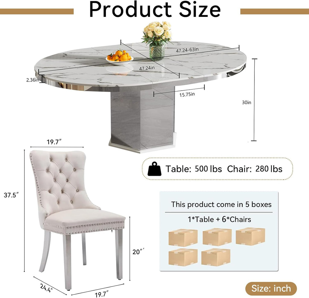 7 Pieces 47'-63' White Faux Marble Extendable Dining Table Set, Round Expanding Kitchen and Dining Room Table Set for 6 with Mirrored Acrylic Base & Beige Velvet Upholstered Chairs