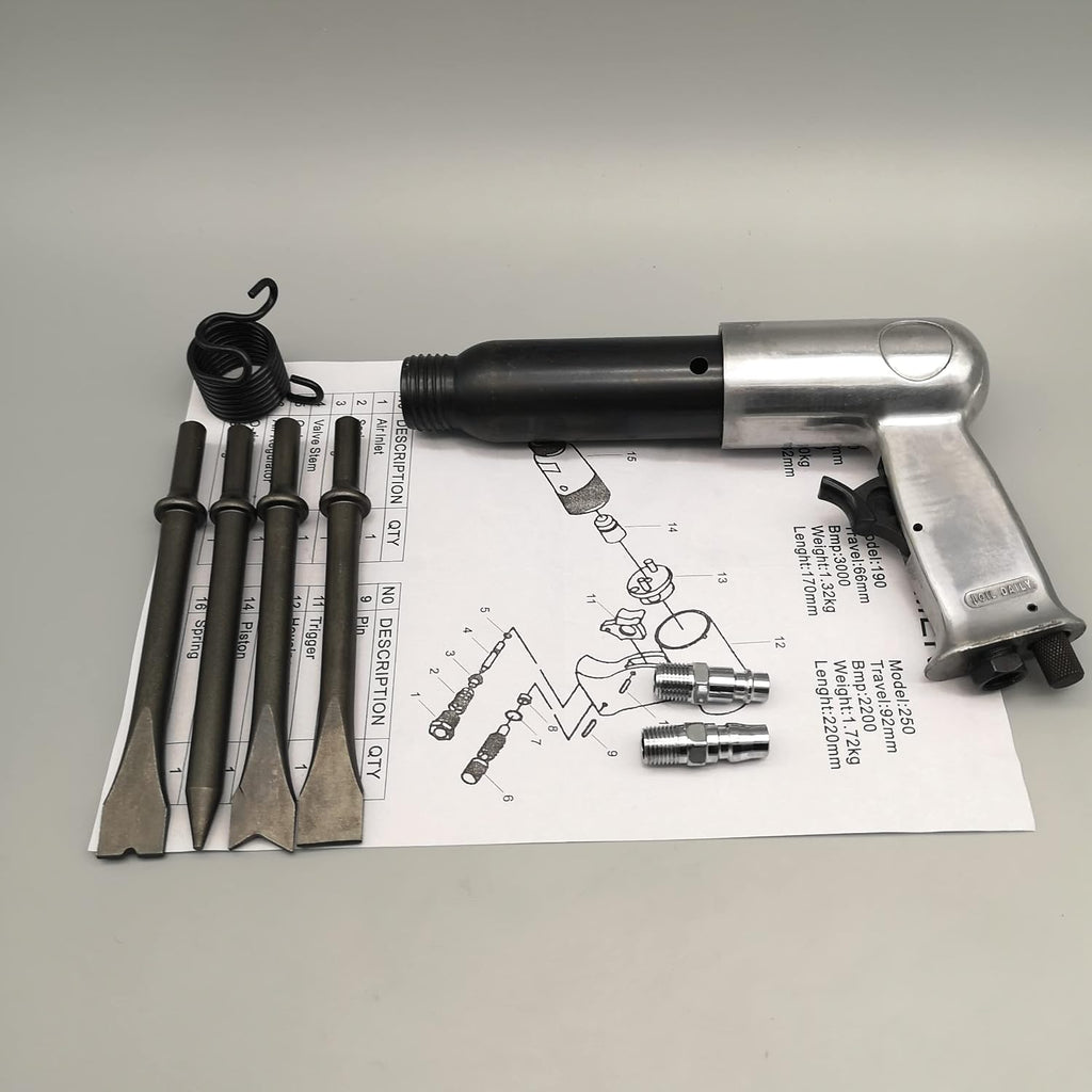 DA-YA 250mm Air Shovel Blade Professional Handheld Pistol Gas Shovels Hammer Rust Remover Pneumatic Tools With 4 Chisels