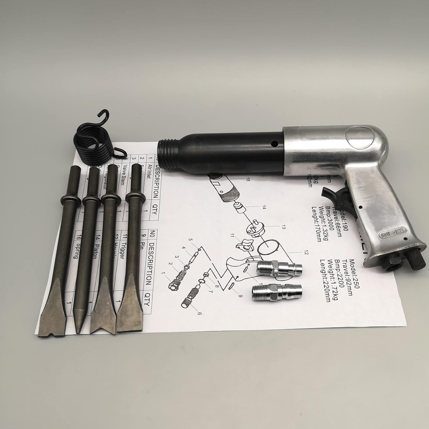 DA-YA 250mm Air Shovel Blade Professional Handheld Pistol Gas Shovels Hammer Rust Remover Pneumatic Tools With 4 Chisels