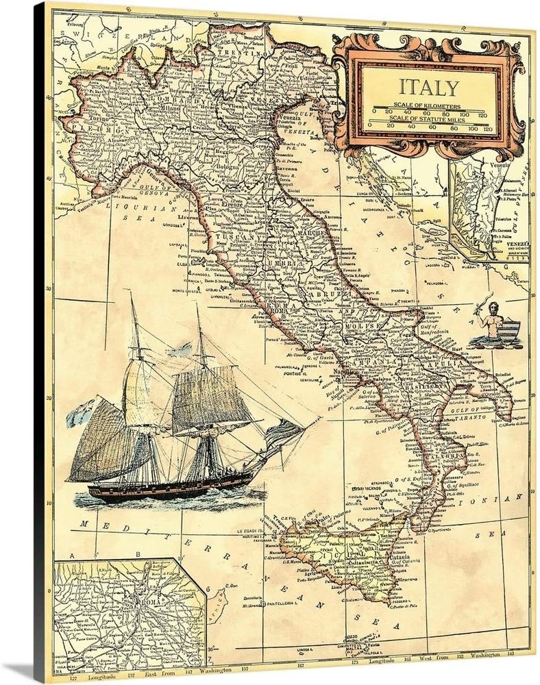 CANVAS ON DEMAND Italy Map Canvas Wall Art Print by Vision Studio, Home Decor, Nautical Artwork,32' x40in