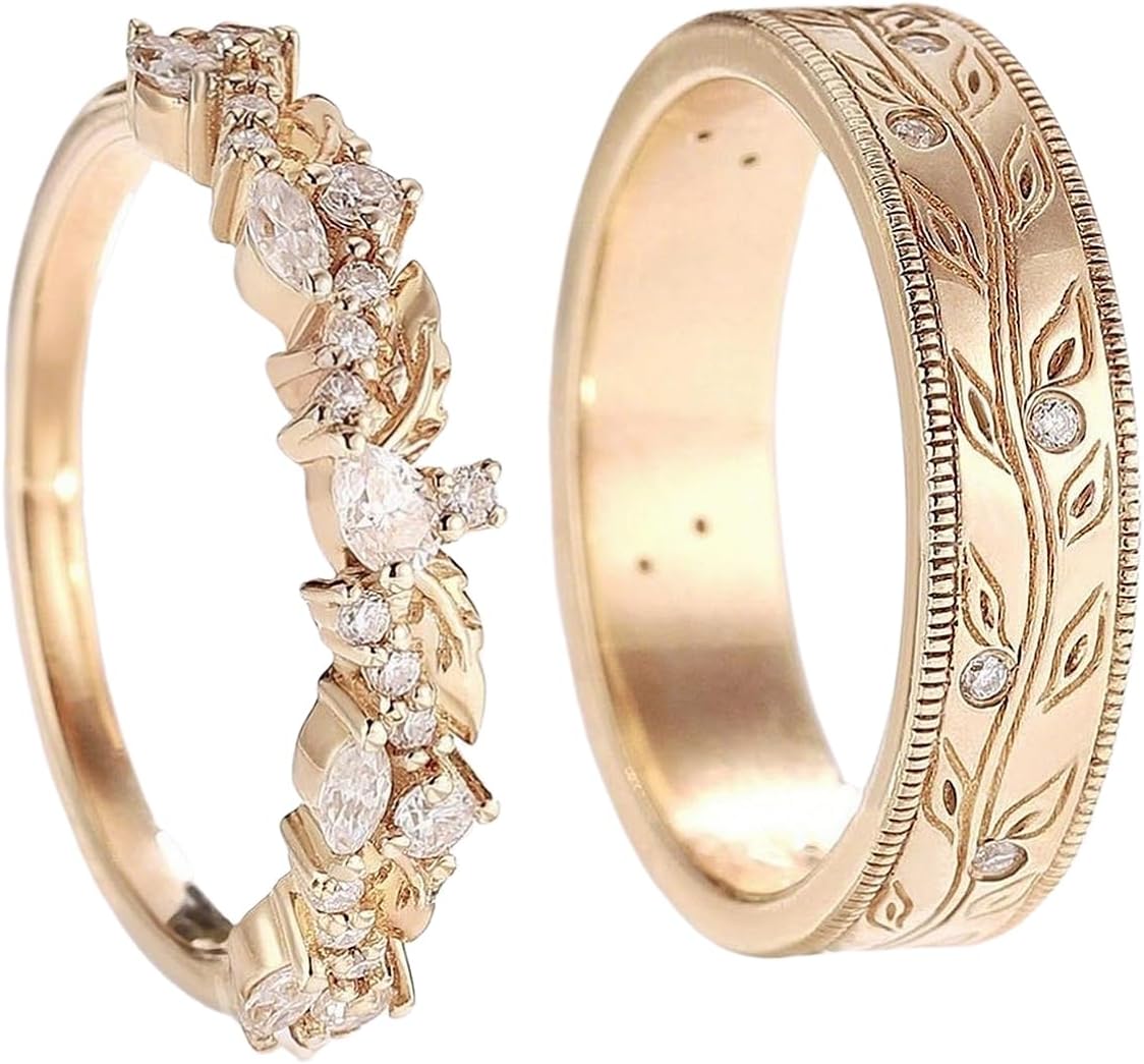 SISGEM Moissanite Couple Rings Set, 10K 14K 18K Solid Gold Moissanite Wedding Rings for Him And Her, Vintage Leaf/Branch Wedding Bands Matching Couple Rings Anniversary Jewelry Gift for Women And Men