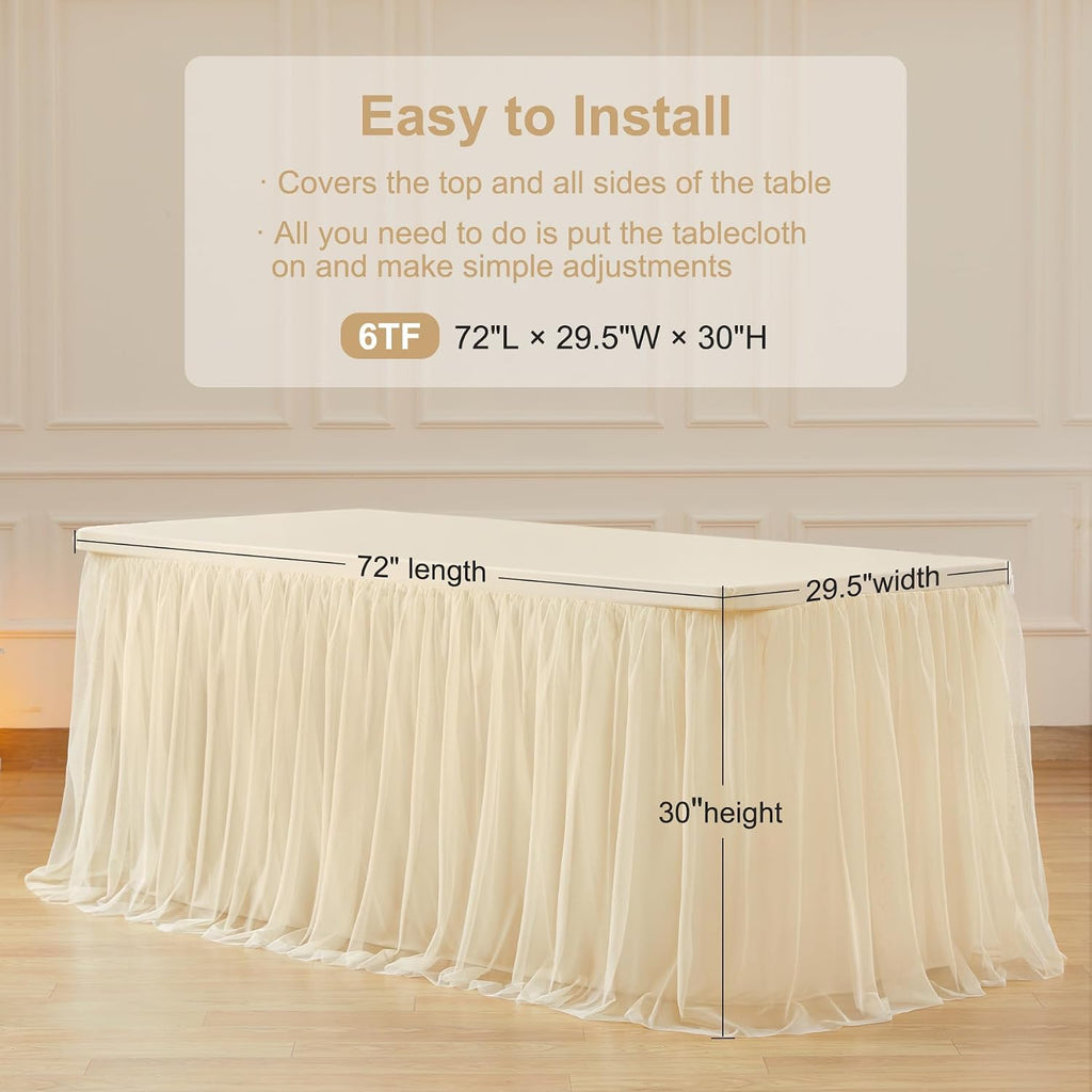 Champagne Table Cloths for 6 Foot Rectangle Tables, Tulle Table Skirt for Rectangle Table 6 ft Fitted Table Cover Desk Skirt Birthday Party Wedding Banquet Tablecloth Elastic Stretch Ruffle Tablecloth