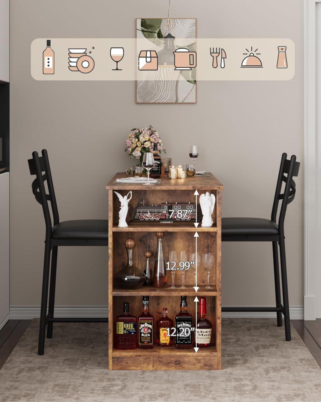 Garvee Bar Table and Chairs Set, 3 Piece Bar Table Set with with Flip Top Extension and Storage Shelves, Dining Table Set for 2, Suitable for Small Space Kitchen Apartment, Brown
