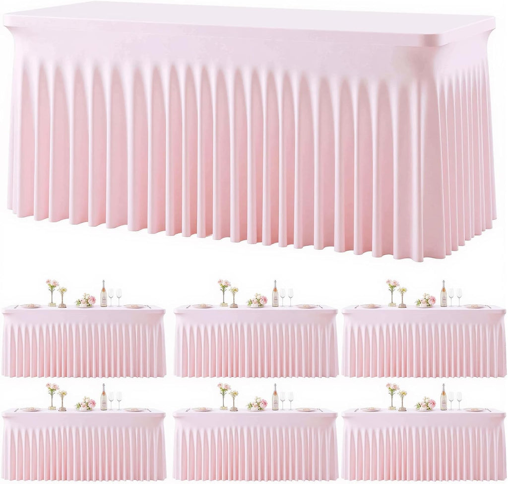6 Pack Pink Table Cloth for 8 Foot Rectangle Tables Spandex Fitted Tablecloth 8ft Stretch Table Covers Skirt Pink Banquet Tablecloths Wrinkle Free Tablecloth for Party Wedding Birthday Event
