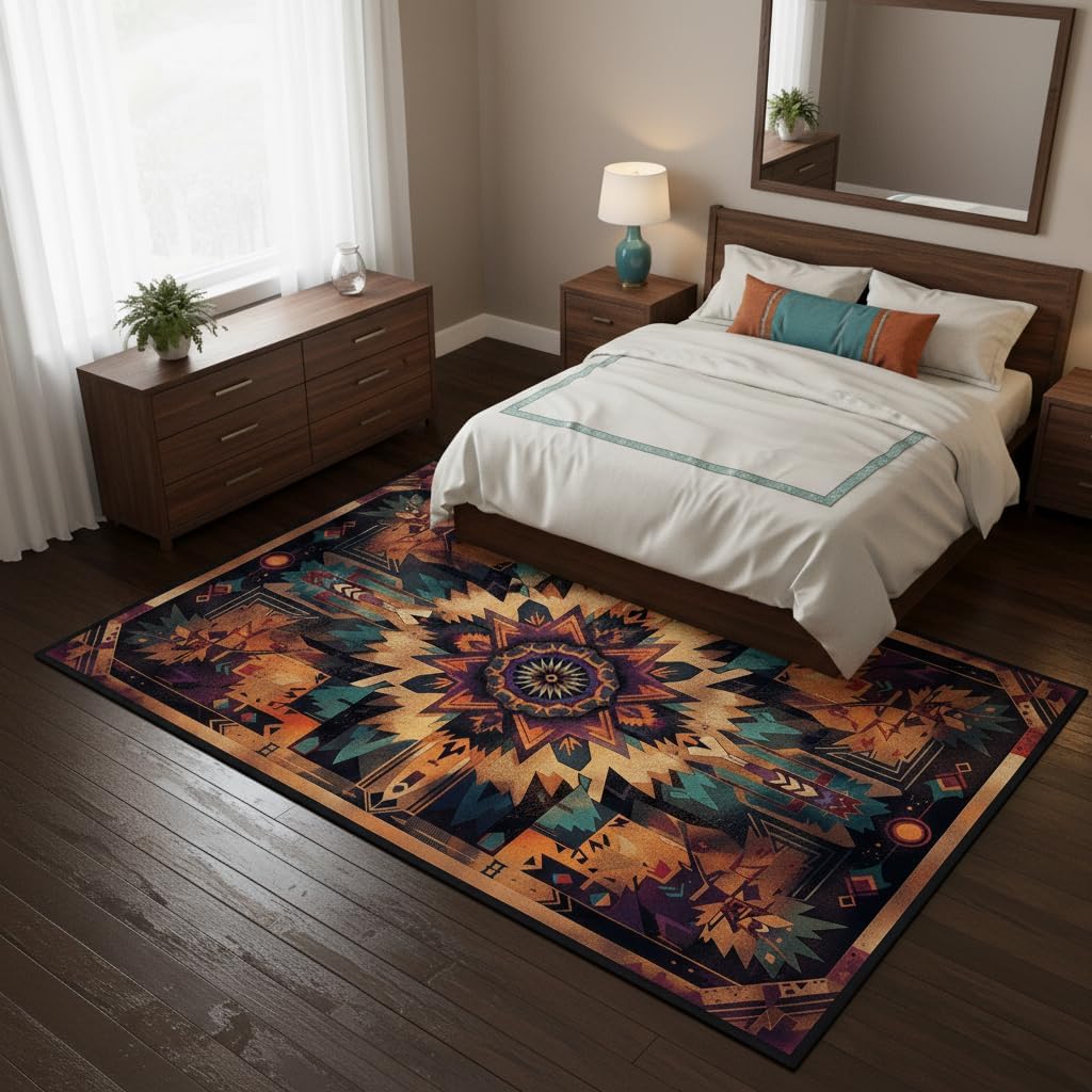 Southwestern Aztec Area Rug 6'x9' – Tribal Geometric Pattern Carpet for Living Room, Rustic Washable Boho Accent Decor, Native Inspired Non-Slip Floor Mat for Bedroom, Living Room, Cabin Lodge