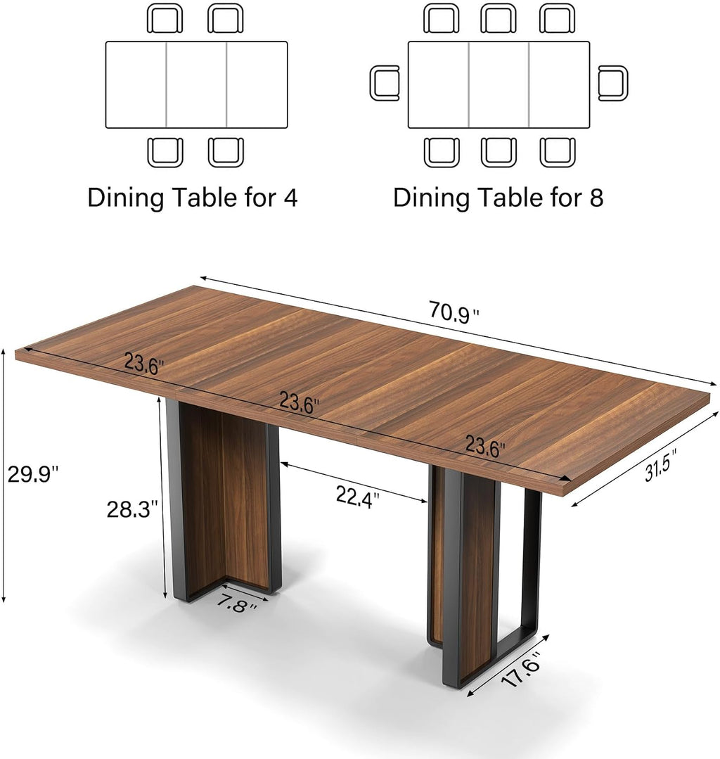 Bigbiglife 71 inch Dining Table for 6-8, Farmhouse Kitchen Table with Large Tabletop, Rectangular Dinner Eating Table W/Thickness Waterproof Wood Tabletop & Foot Pad, for Kitchen, Dining Room, Brown