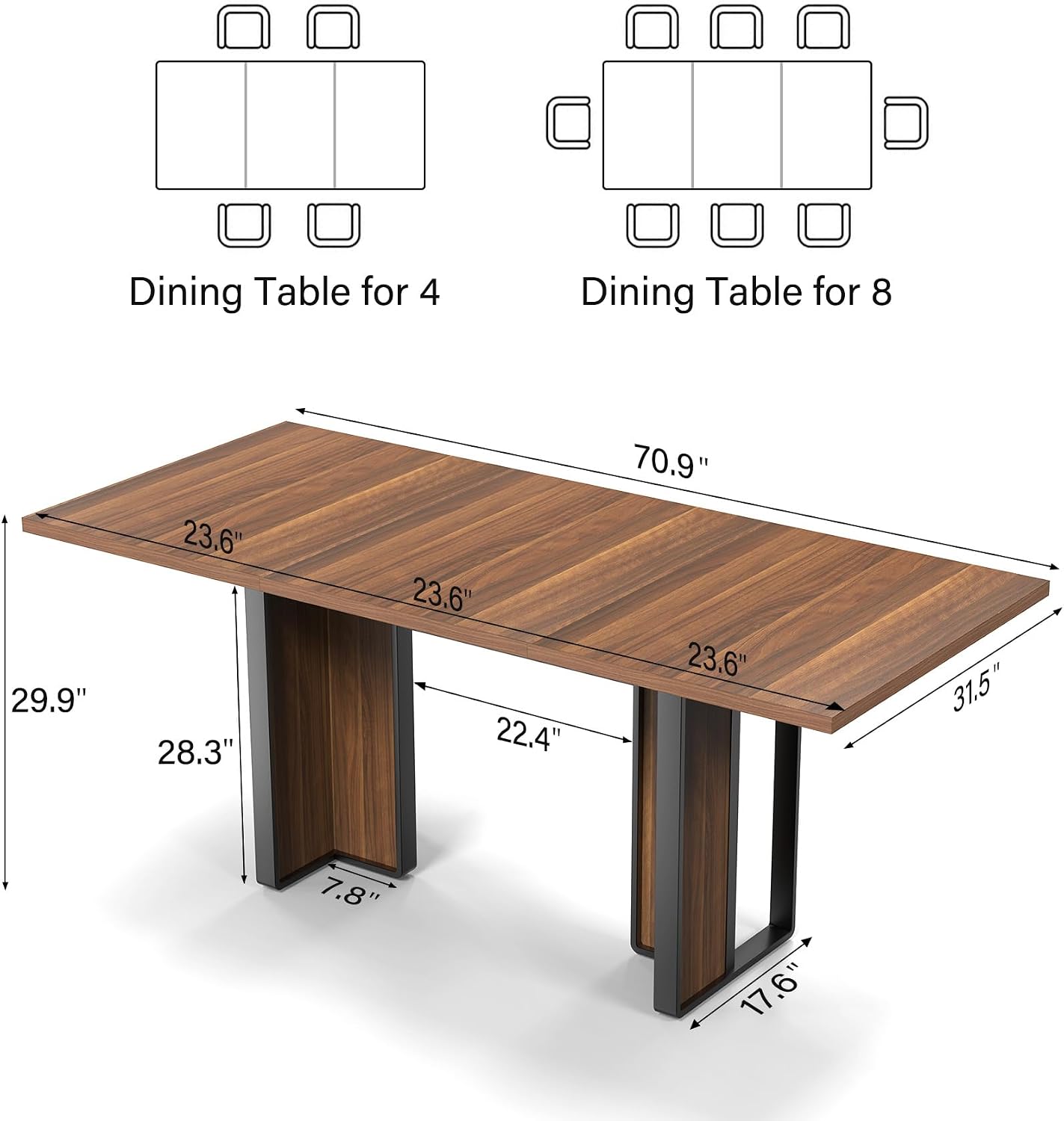 Bigbiglife 71 inch Dining Table for 6-8, Farmhouse Kitchen Table with Large Tabletop, Rectangular Dinner Eating Table W/Thickness Waterproof Wood Tabletop & Foot Pad, for Kitchen, Dining Room, Brown