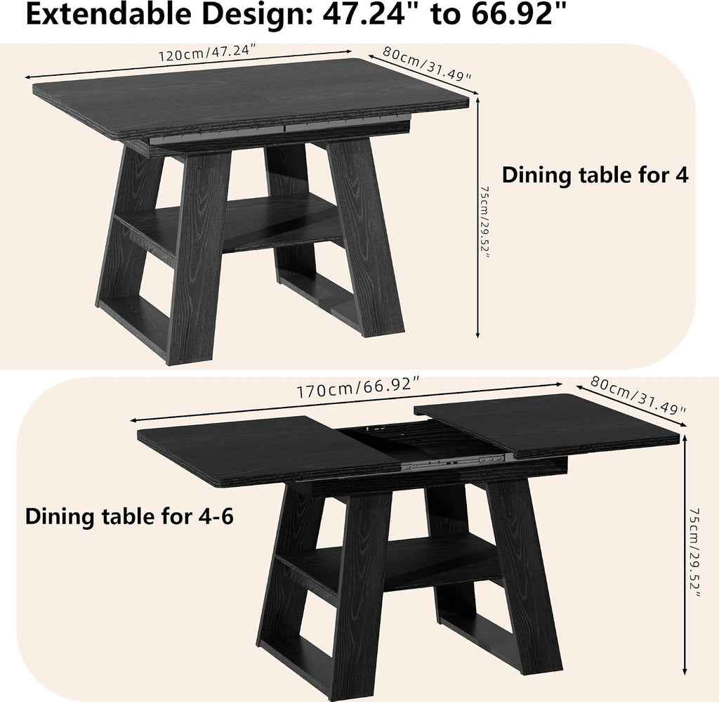 Lxsxlome 47.24''-66.92'' Extendable Dining Room Table for 4-6, Rectangle Extendable Kitchen Table with Removable Leaves, Space Saving, Wooden Dining Table with Storage Shelf (Style 2, Black)