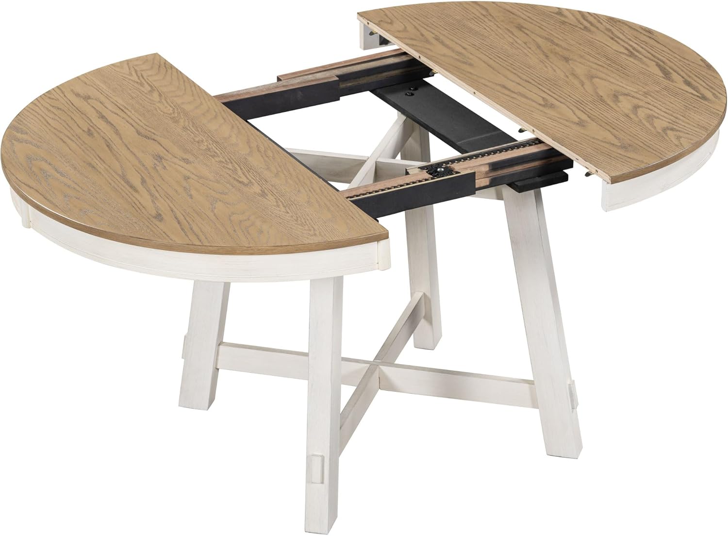 Harper & Bright Designs TREXM 5-Piece Farmhouse Dining Table Set Wood Round Extendable Dining Table and 4 Upholstered Dining Chairs (Oak Natural Wood + Antique White)