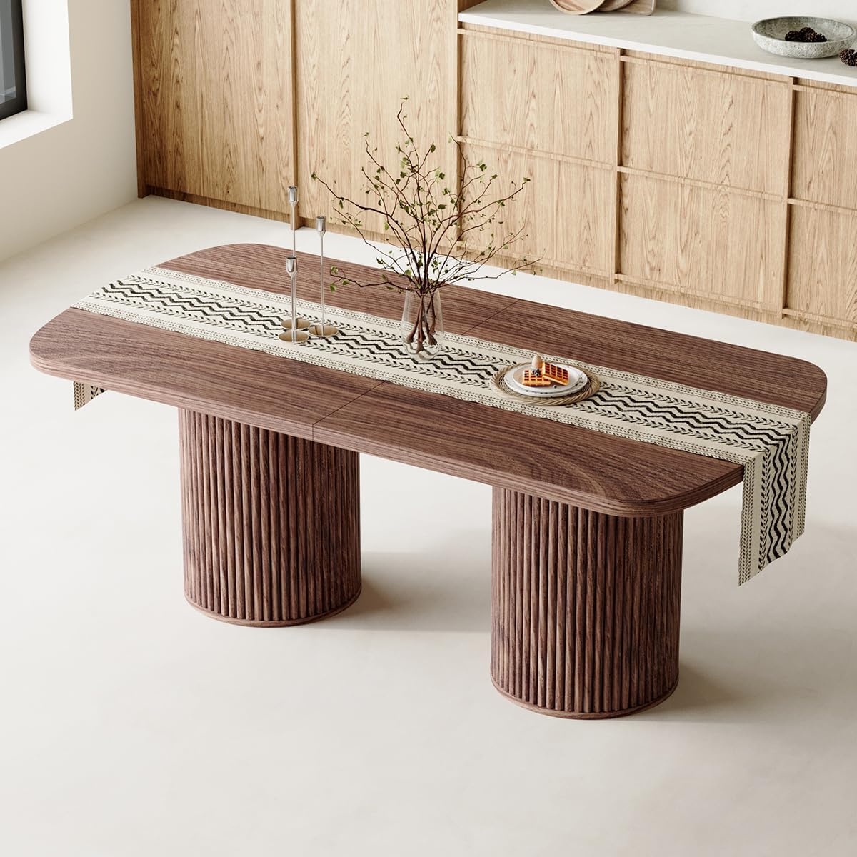 78.7' Extra Long Dining Table for 6-10 People, Farmhouse Kitchen Table with Cylindrical Fluted Bases, Rectangular Dining Table for Dining Room, Kitchen, Living Room, Walnut