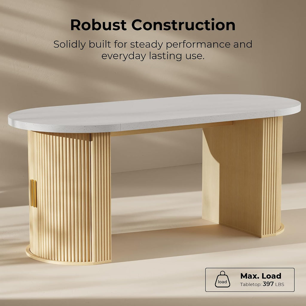 IRONCK 71' Oval Dining Table for 4-8, Modern Farmhouse Dining Table with Hidden Storage & Fluted Base, 1.6' Thick Faux Quartz Top, Dinner Table for Dining Room Kitchen Home Office, Oak