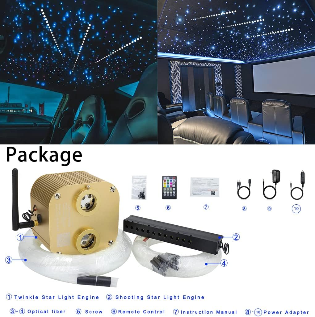 AZIMOM Bluetooth Dual-Port 20W Twinkle Fiber Optic Lights Meteor Shooting Star Ceiling Lighting Kits 1100pcs*0.03in*13.1ft Fiber Strands RGBW Music Remote APP Control Home Car Ceiling Décor