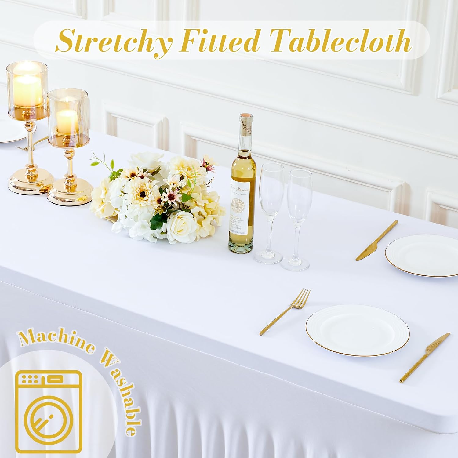gogoparti 8 Pack Spandex White Fitted Table Cloth for 6ft Rectangle Tables White Stretch Tablecloth Table Covers Skirt Banquet Wrinkle Free Tablecloths for Parties Wedding