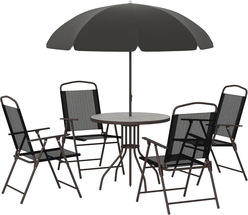 Outsunny 6 Piece Patio Dining Set for 4 with Umbrella, Outdoor Table and Chairs with 4 Folding Dining Chairs & Round Glass Table for Garden, Backyard and Poolside, Black and Coffee