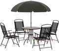 Outsunny 6 Piece Patio Dining Set for 4 with Umbrella, Outdoor Table and Chairs with 4 Folding Dining Chairs & Round Glass Table for Garden, Backyard and Poolside, Black and Coffee