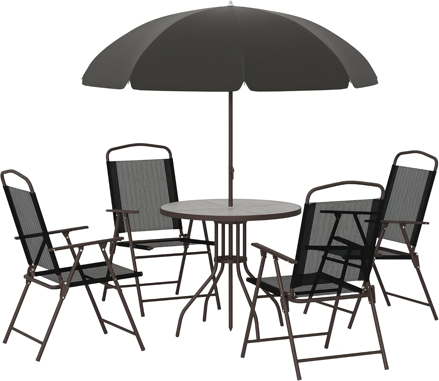 Outsunny 6 Piece Patio Dining Set for 4 with Umbrella, Outdoor Table and Chairs with 4 Folding Dining Chairs & Round Glass Table for Garden, Backyard and Poolside, Black and Coffee